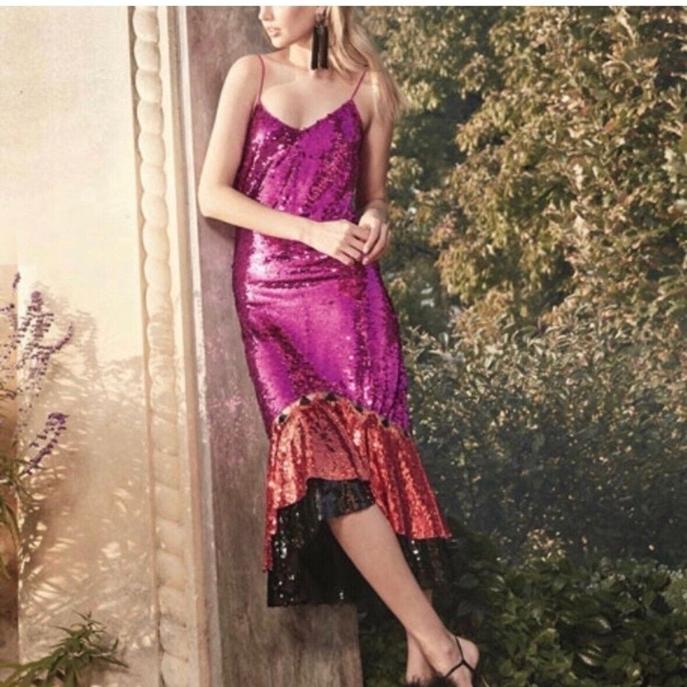 NWT SACHIN & BABI | Maslak Sequined Flounce Hem Midi Dress in Fuchsia | Size 0